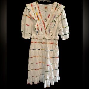 FARM Rio White Midi Dress with Multicolor Stripes